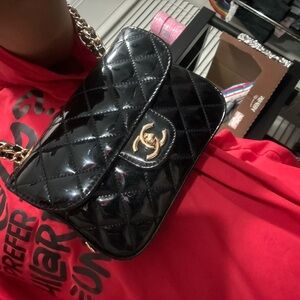 Small Boutique Made Black Quilted Crossbody Fashion Bag with Gold Chain